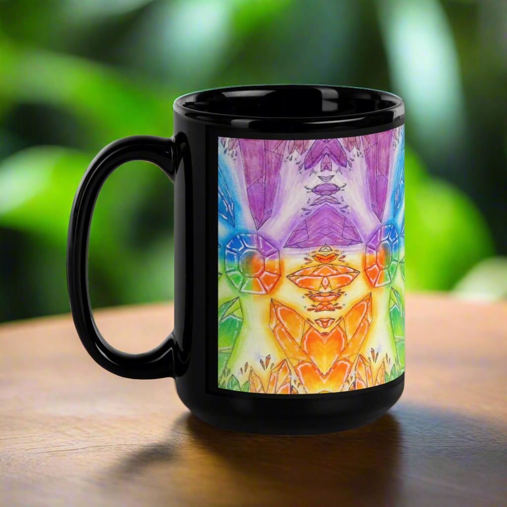 Black mug with a colorful abstract design on a white background