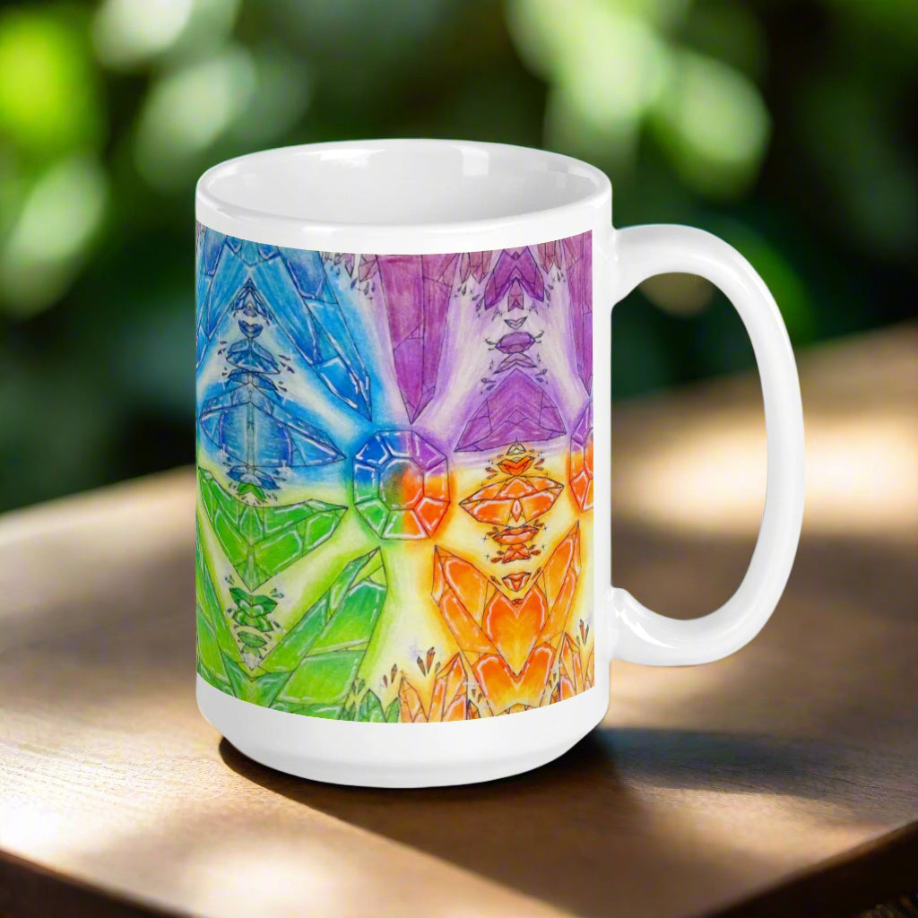 White mug with a colorful abstract design on a white background