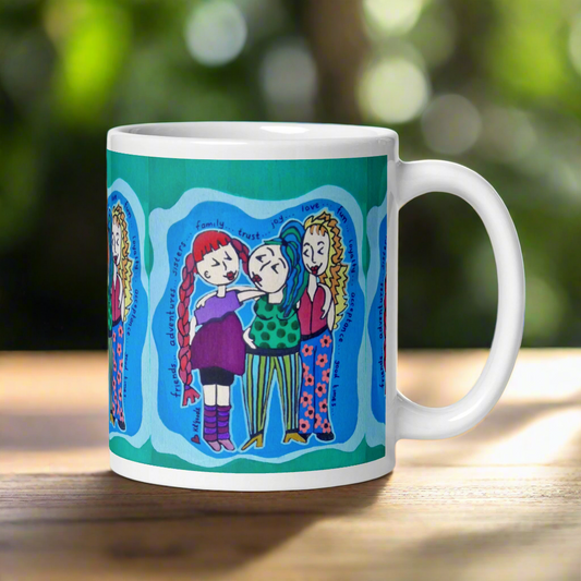 Mug with colorful illustration of three characters on a green background