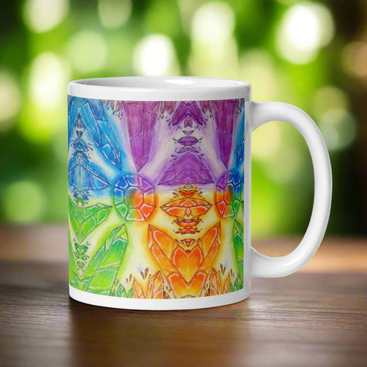 Mug with a colorful abstract design on a white background